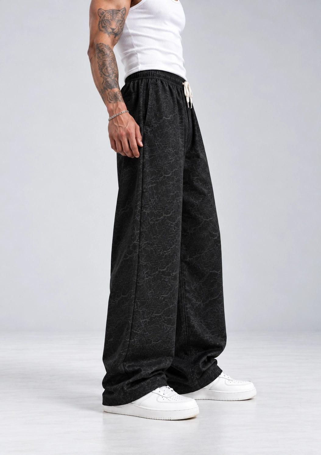 Crackle Printed Loose Fit Joggers - Black