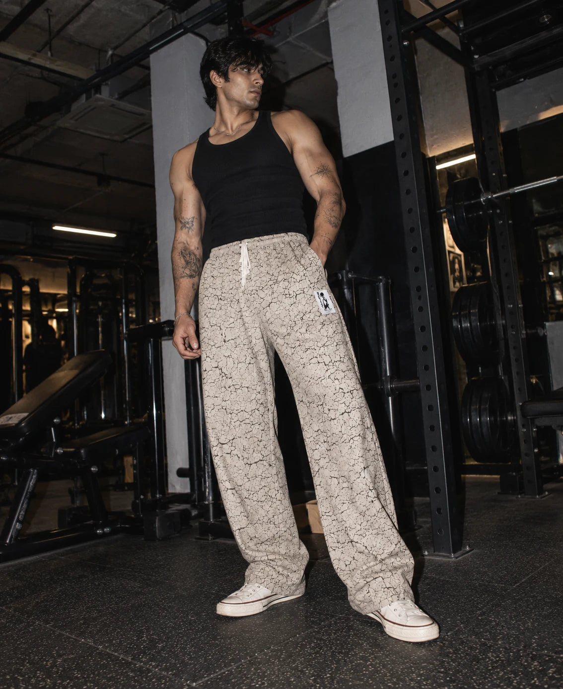 Crackle Printed Loose Fit Joggers - Grey