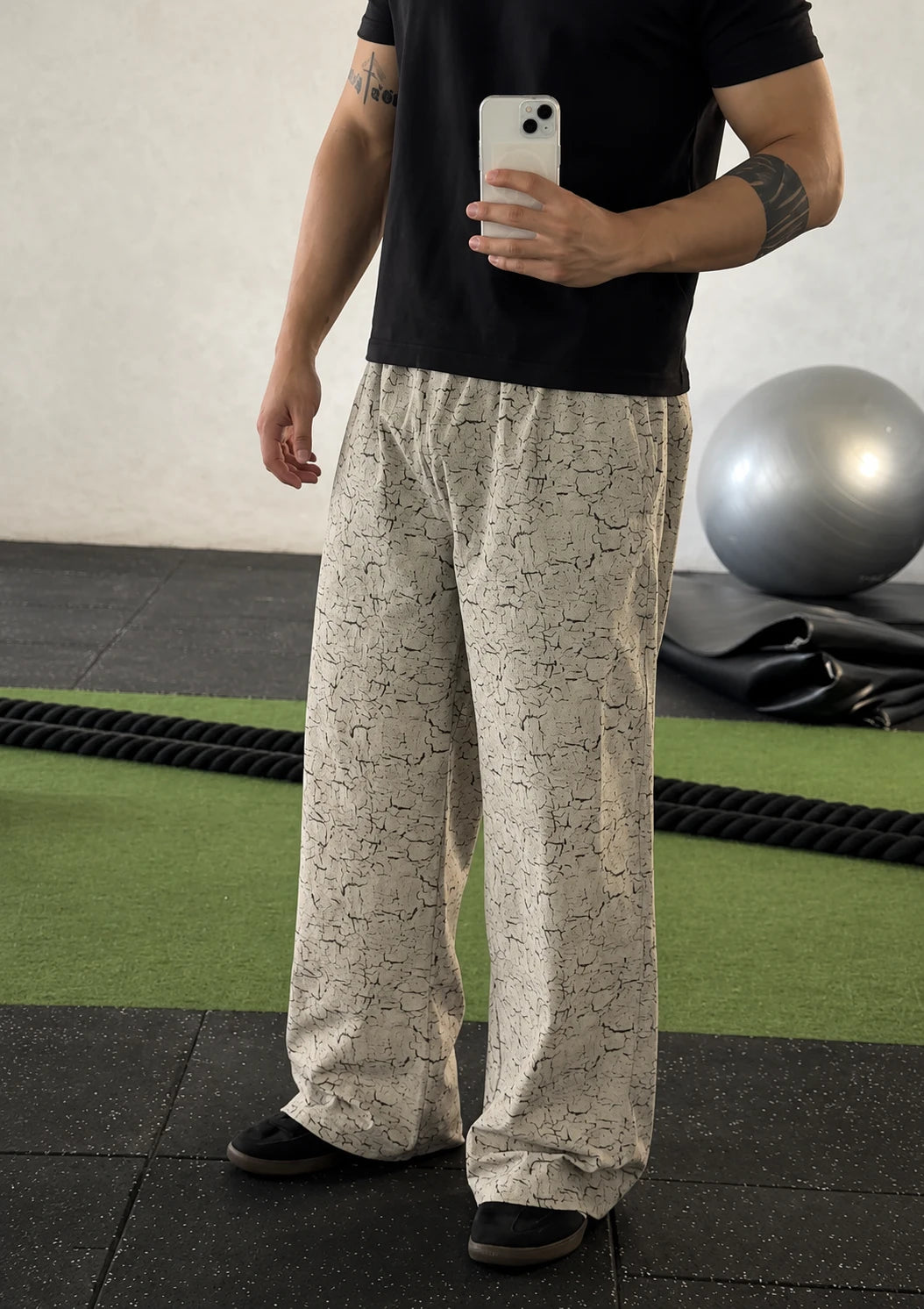 Crackle Printed Loose Fit Joggers - Grey