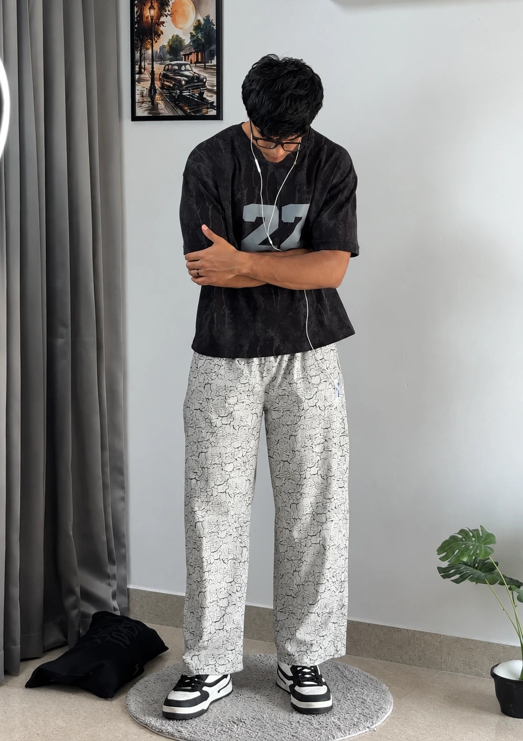 Crackle Printed Loose Fit Joggers - Grey