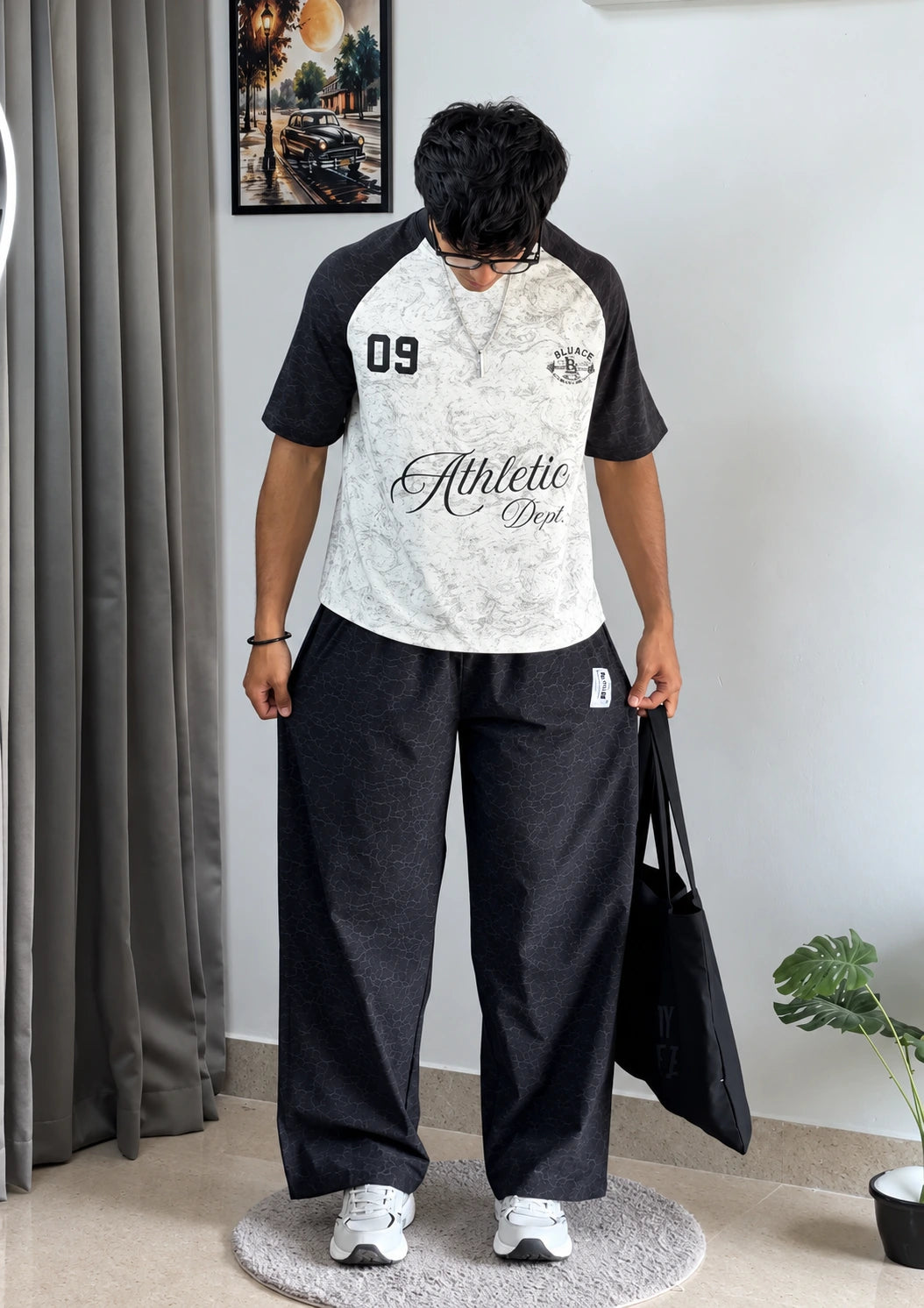 Crackle Printed Loose Fit Joggers - Black