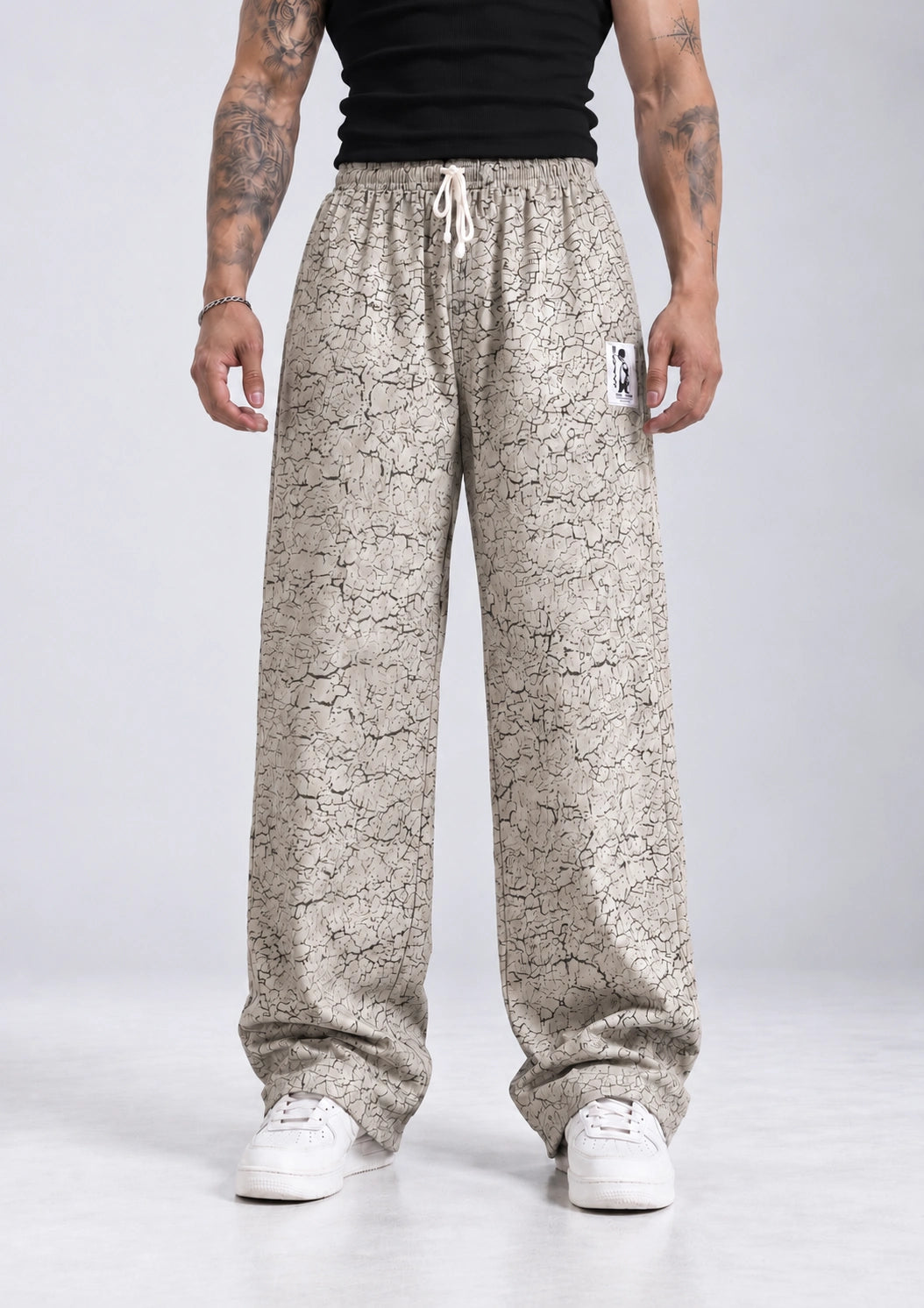 Crackle Printed Loose Fit Joggers - Grey