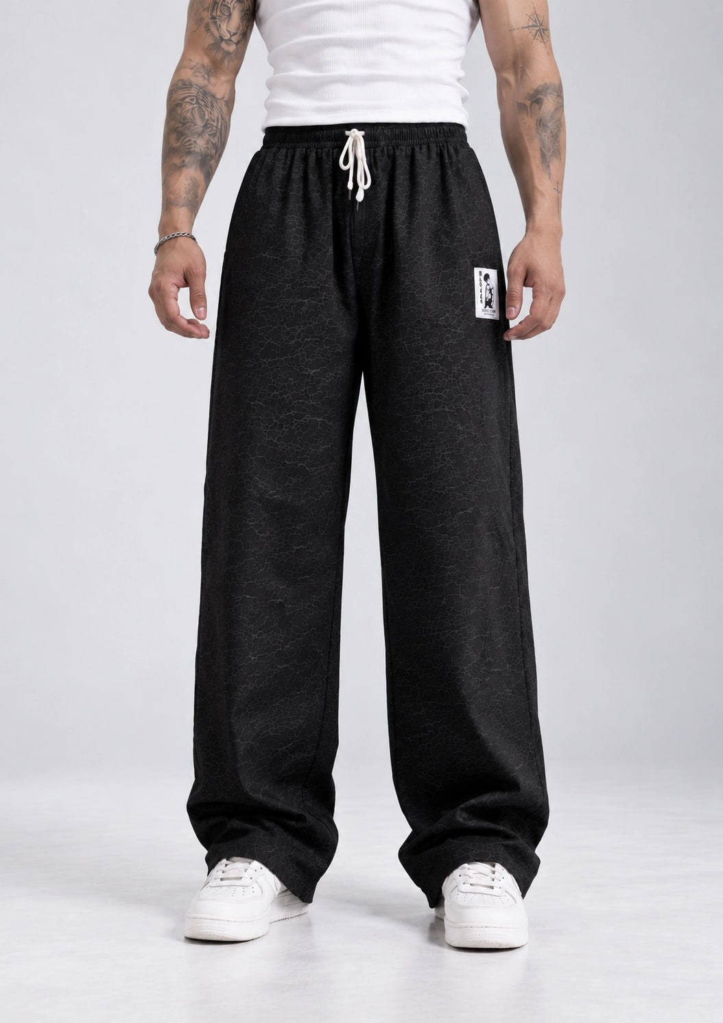 Crackle Printed Loose Fit Joggers - Black