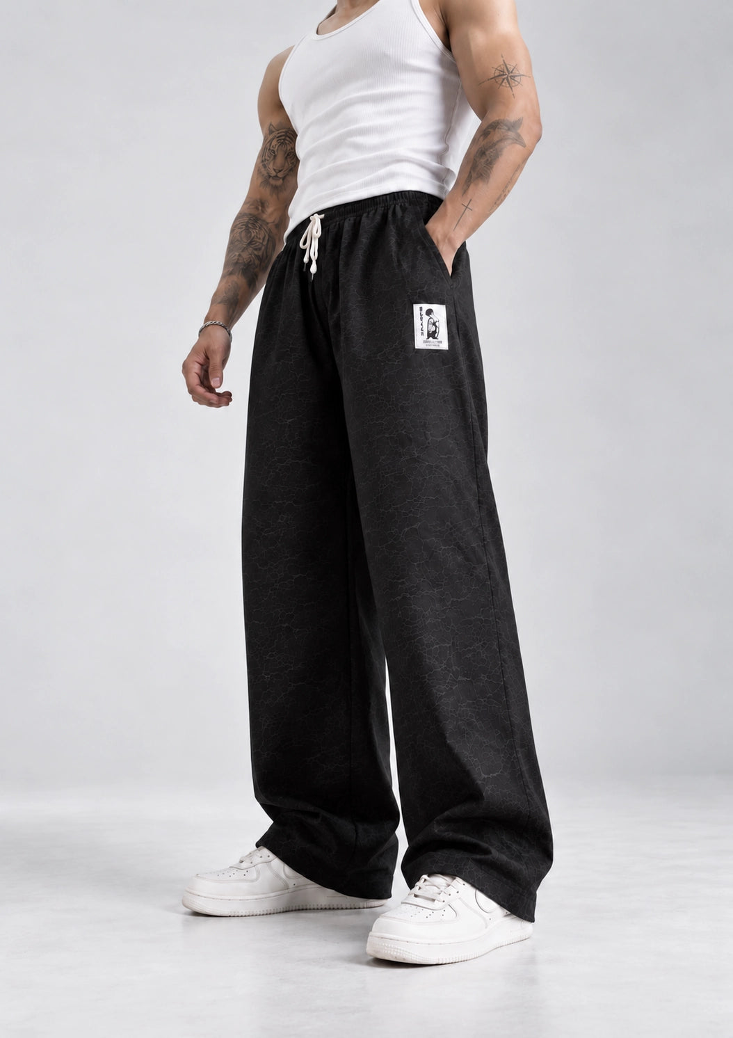 Crackle Printed Loose Fit Joggers - Black