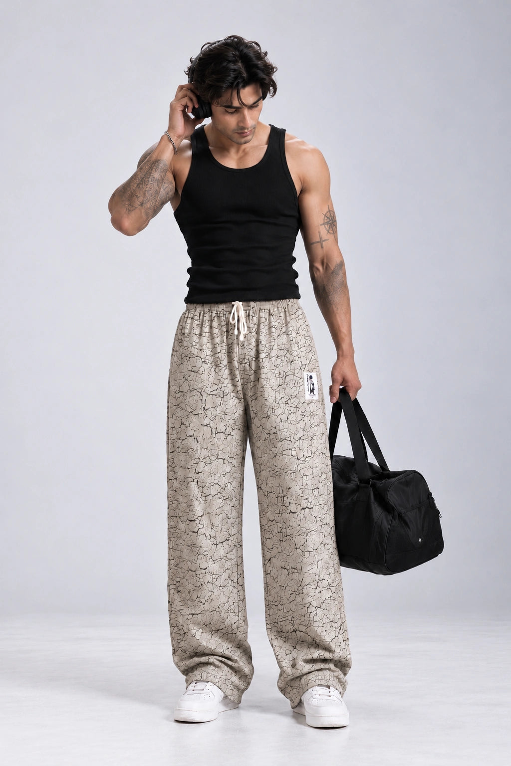 Crackle Printed Loose Fit Joggers - Grey